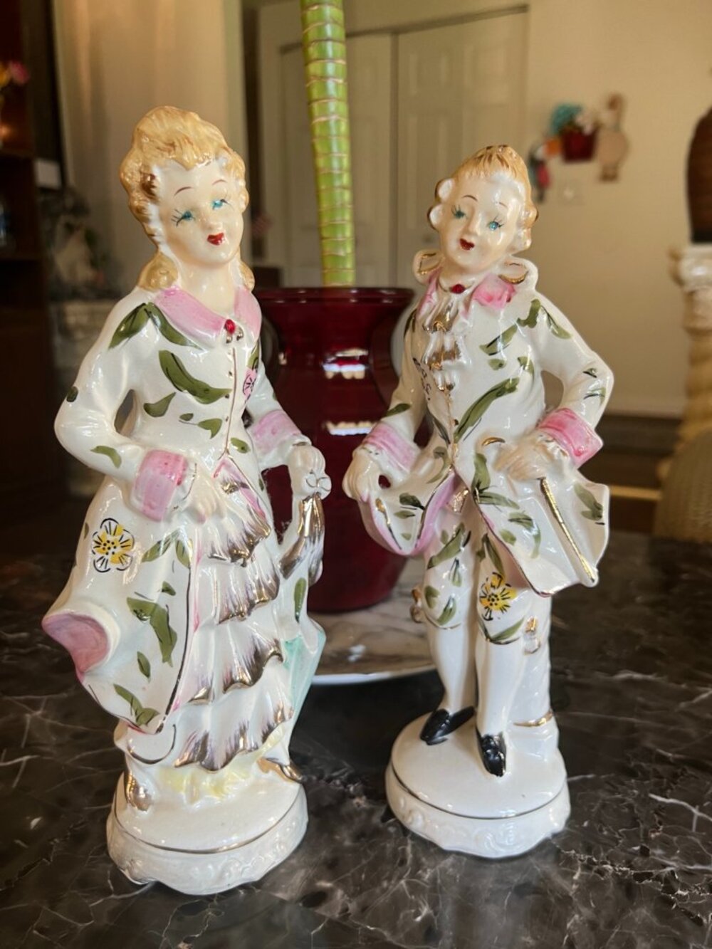 Vintage Japan Porcelain Figurine Couple Set Victorian Style Hand Painted Floral